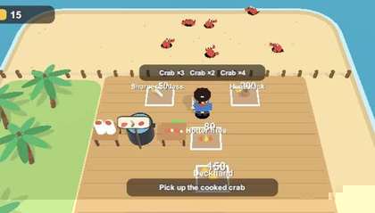 Crabbeard's Cove: a pirate cooks crab on a wooden deck beside a sandy beach full of crabs